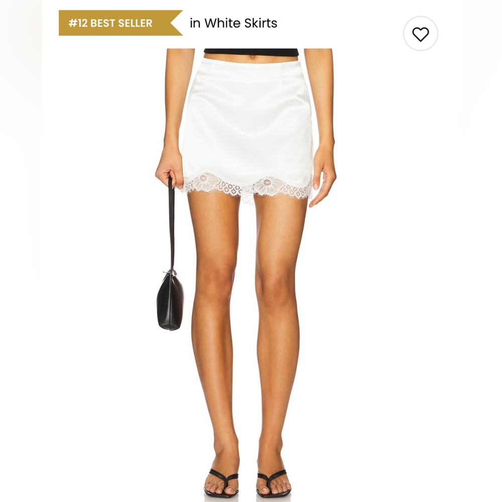 superdown White Satin Mini Skirt with Lace Trim